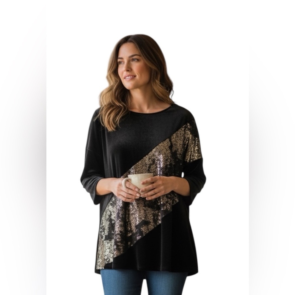 New Alfani Black and Silver Asymmetrical Graphic Blouse